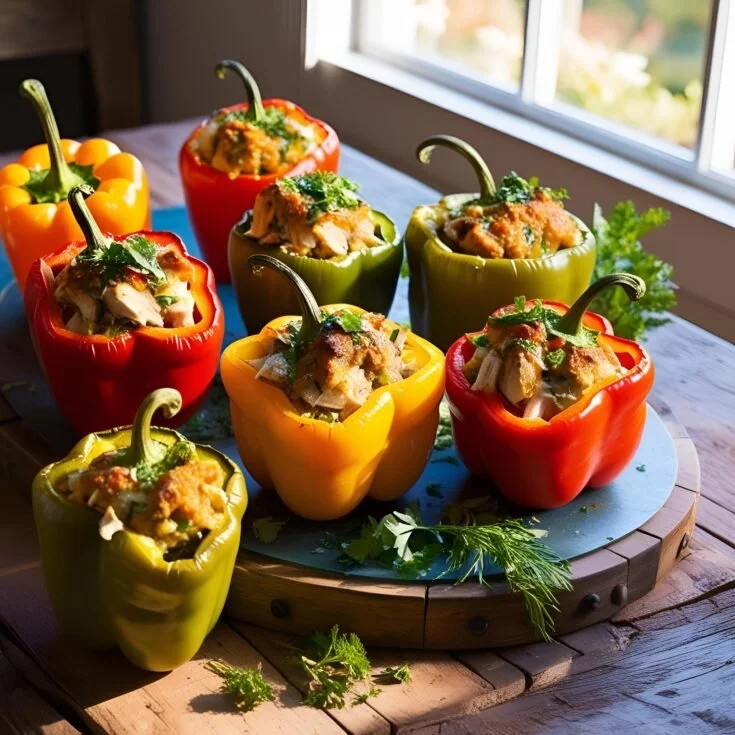 Mediterranean Chicken Stuffed Bell Peppers ready to serve with vibrant ingredients