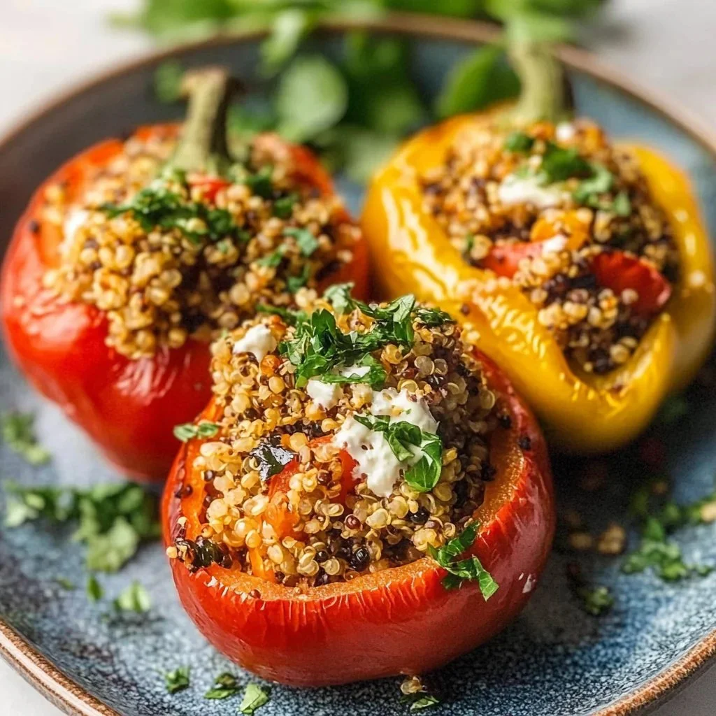Mediterranean quinoa stuffed peppers filled with fresh vegetables and spices.