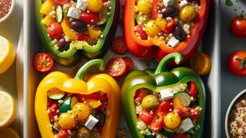 Mediterranean stuffed bell peppers filled with vegetables and grains.