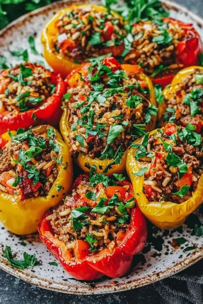 Mediterranean stuffed bell peppers filled with rice and herbs