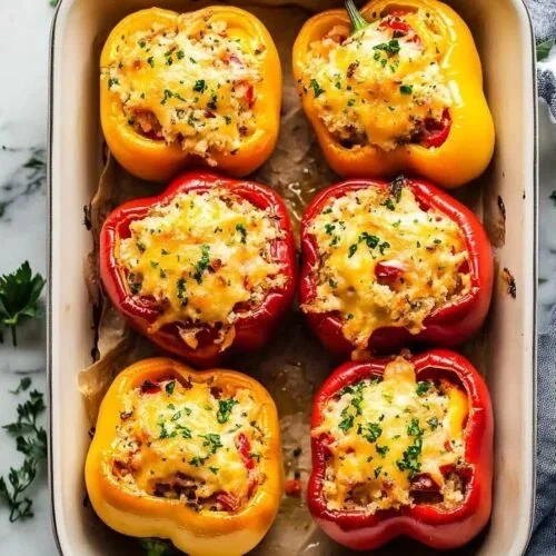 Mediterranean stuffed bell peppers filled with herbs, rice, and vegetables