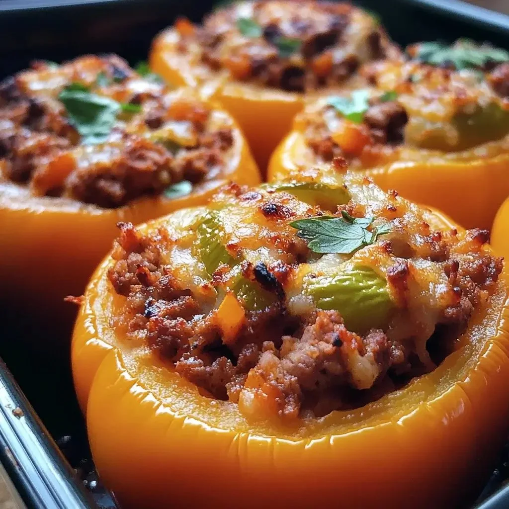 Colorful Mediterranean stuffed peppers filled with rice, herbs, and vegetables.
