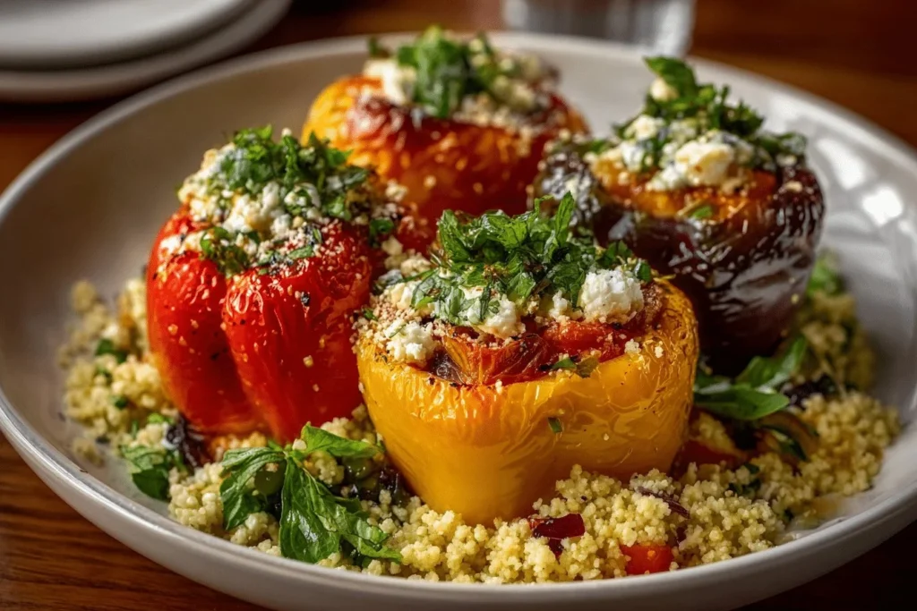 Colorful Mediterranean stuffed peppers filled with rice, vegetables, and herbs.