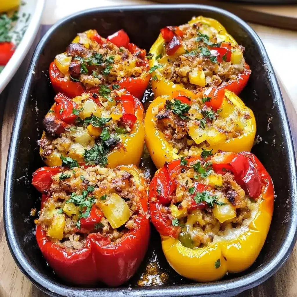Colorful Mediterranean stuffed peppers filled with rice and vegetables