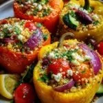Mediterranean stuffed peppers filled with rice, vegetables, and spices