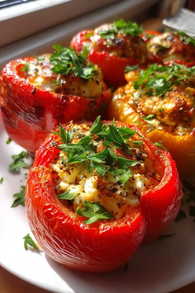 Colorful Mediterranean stuffed peppers filled with rice and vegetables