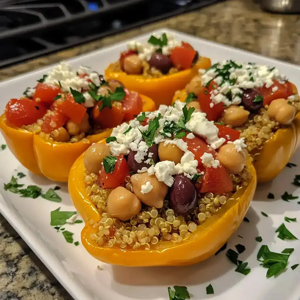 Colorful Mediterranean stuffed peppers filled with rice and vegetables.