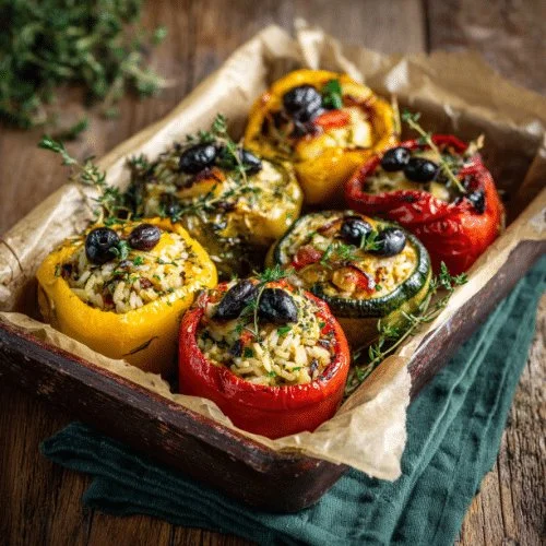 Colorful Mediterranean stuffed veggies filled with grains and herbs