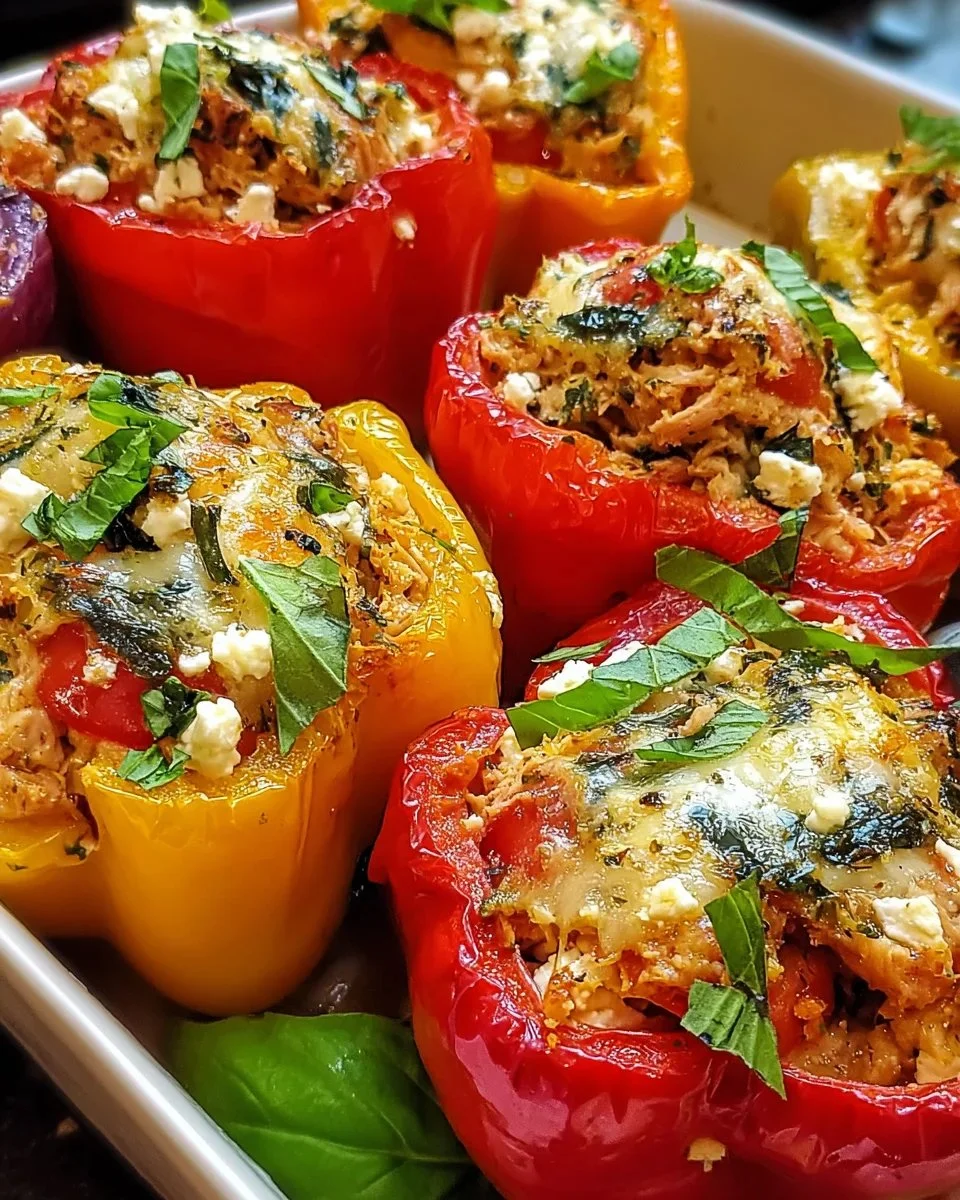 Mediterranean tuna stuffed peppers on a plate garnished with herbs