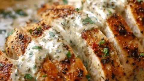 Delicious Melt In Your Mouth Caesar Chicken served with fresh greens