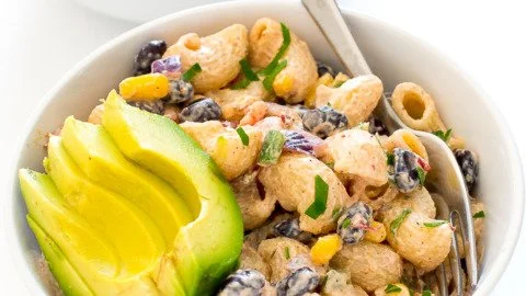 Colorful Mexican Pasta Salad with vegetables and dressing