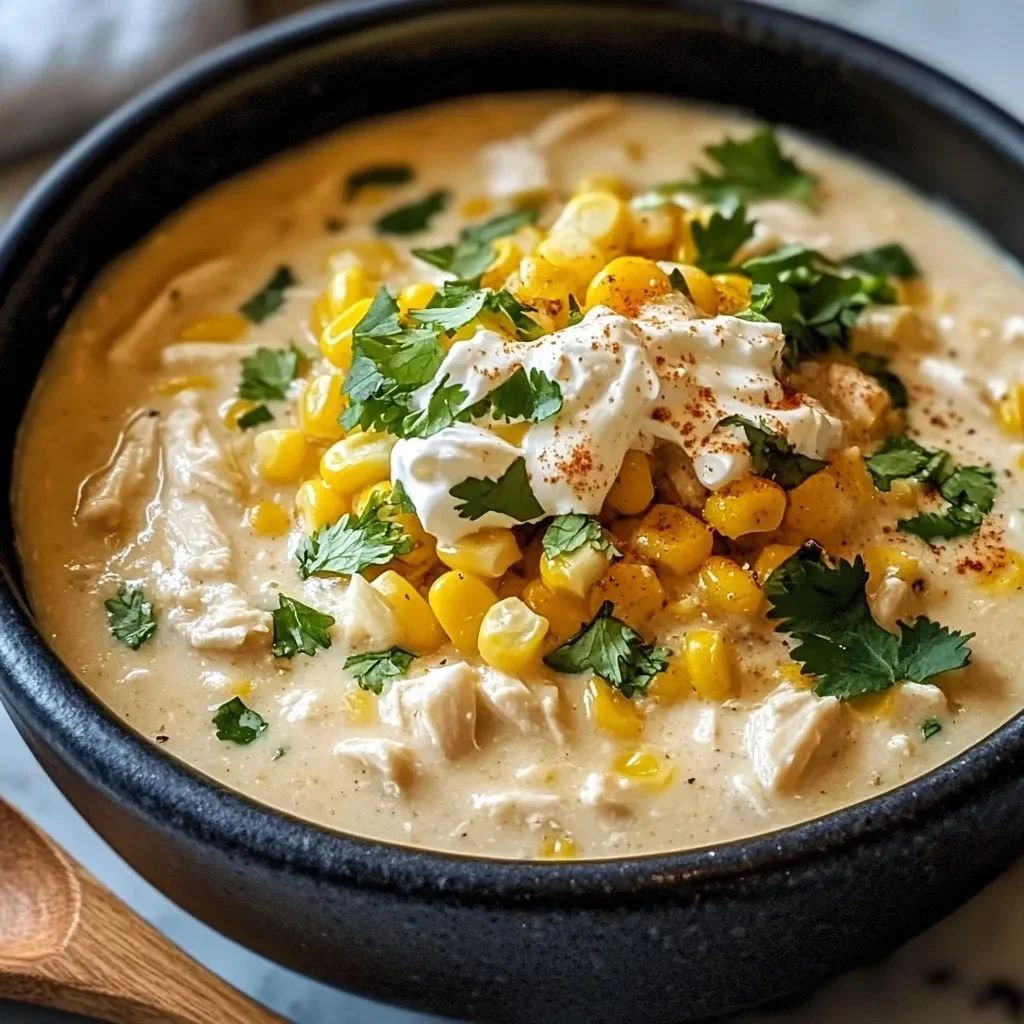 Bowl of Mexican Street Corn White Chicken Chili topped with fresh cilantro and corn