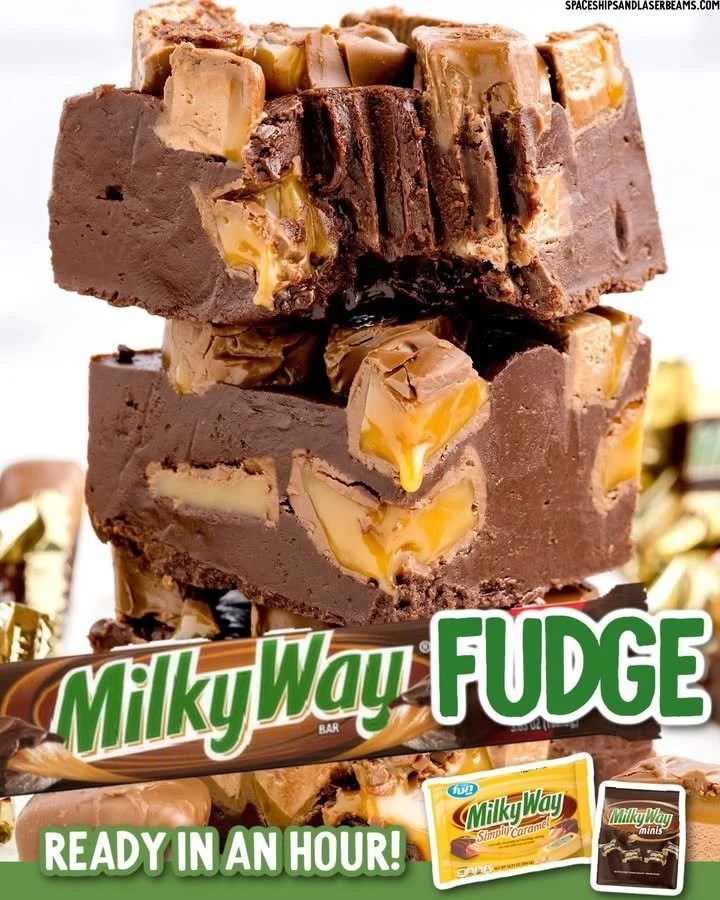 Delicious homemade Milky Way Fudge with chocolate and caramel layers.