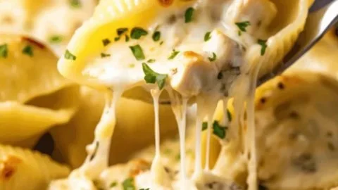 Delicious Million Dollar Chicken Alfredo Stuffed Shells filled with creamy chicken alfredo sauce