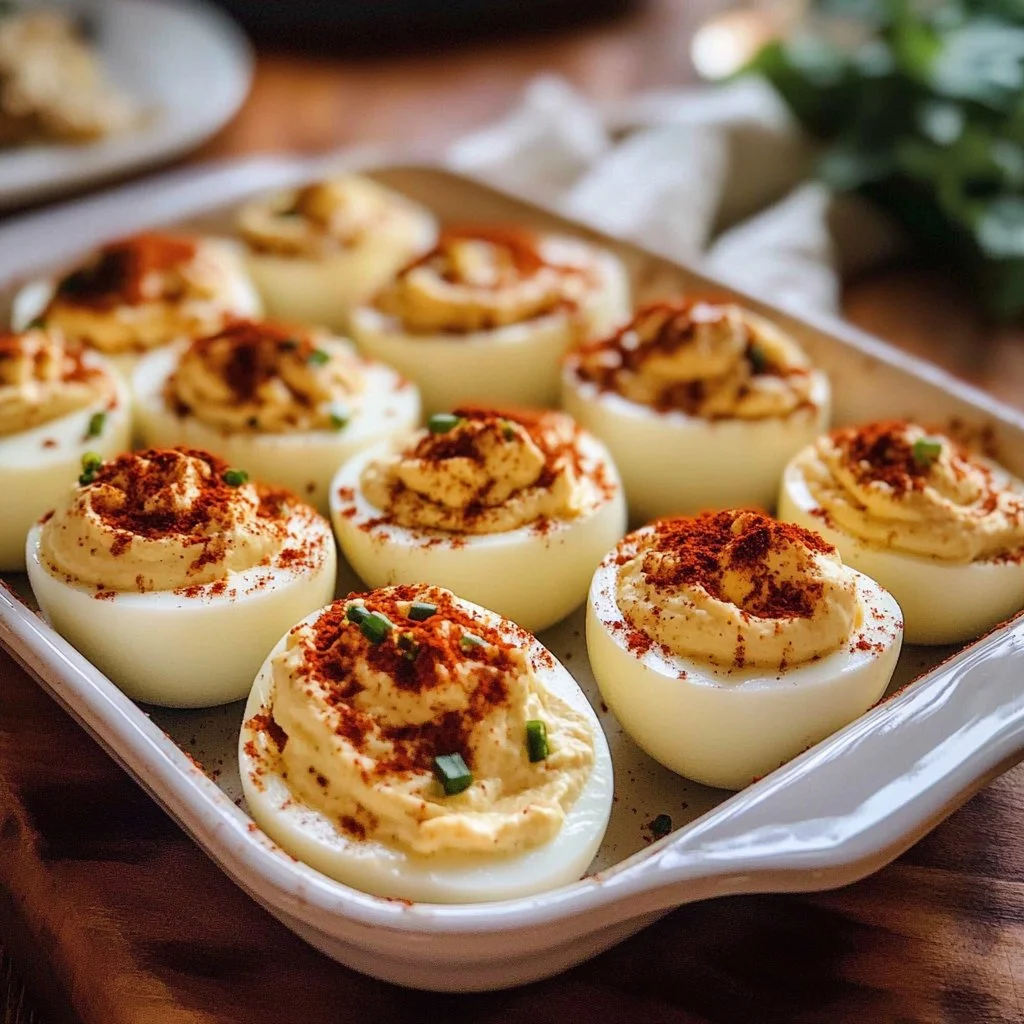 Million Dollar Deviled Eggs garnished with paprika and herbs
