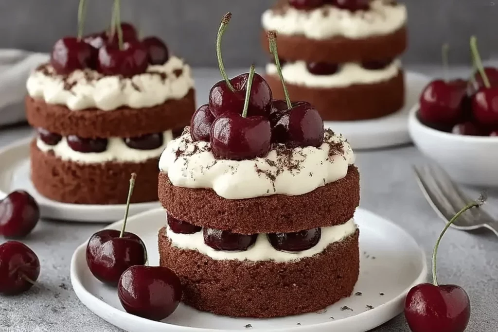 Mini Black Forest Cakes with chocolate, whipped cream, and cherries on top.