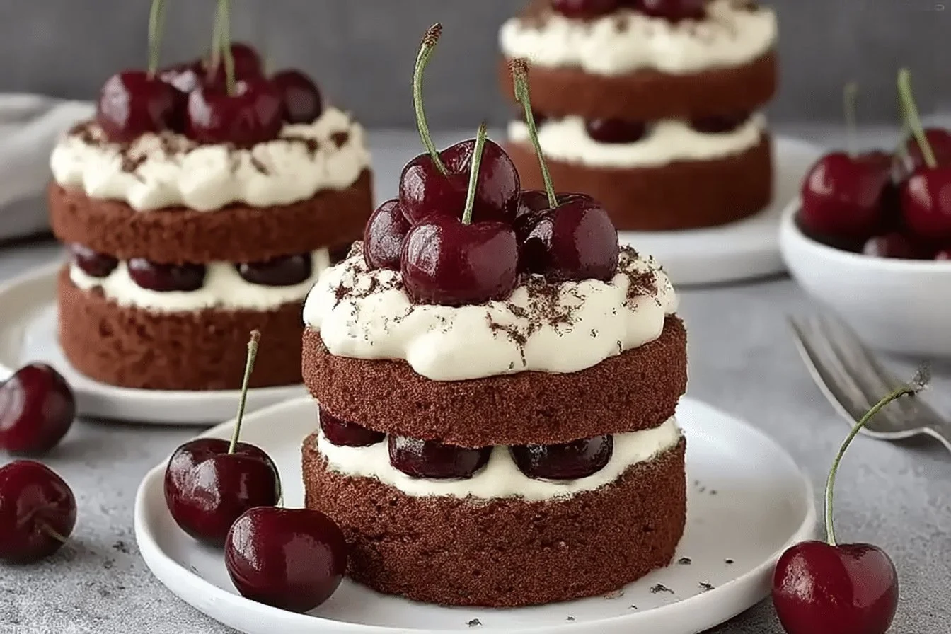 Mini Black Forest Cakes with chocolate, whipped cream, and cherries on top.