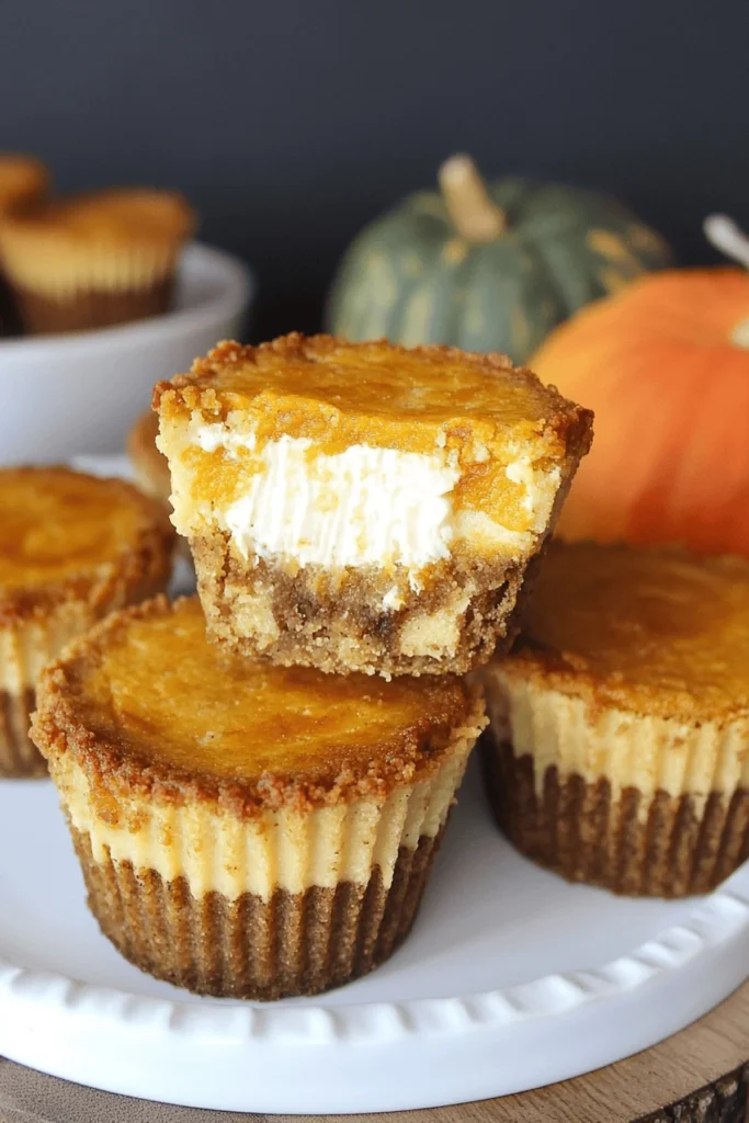 Mini pumpkin cheesecakes on a serving platter, perfect for fall desserts