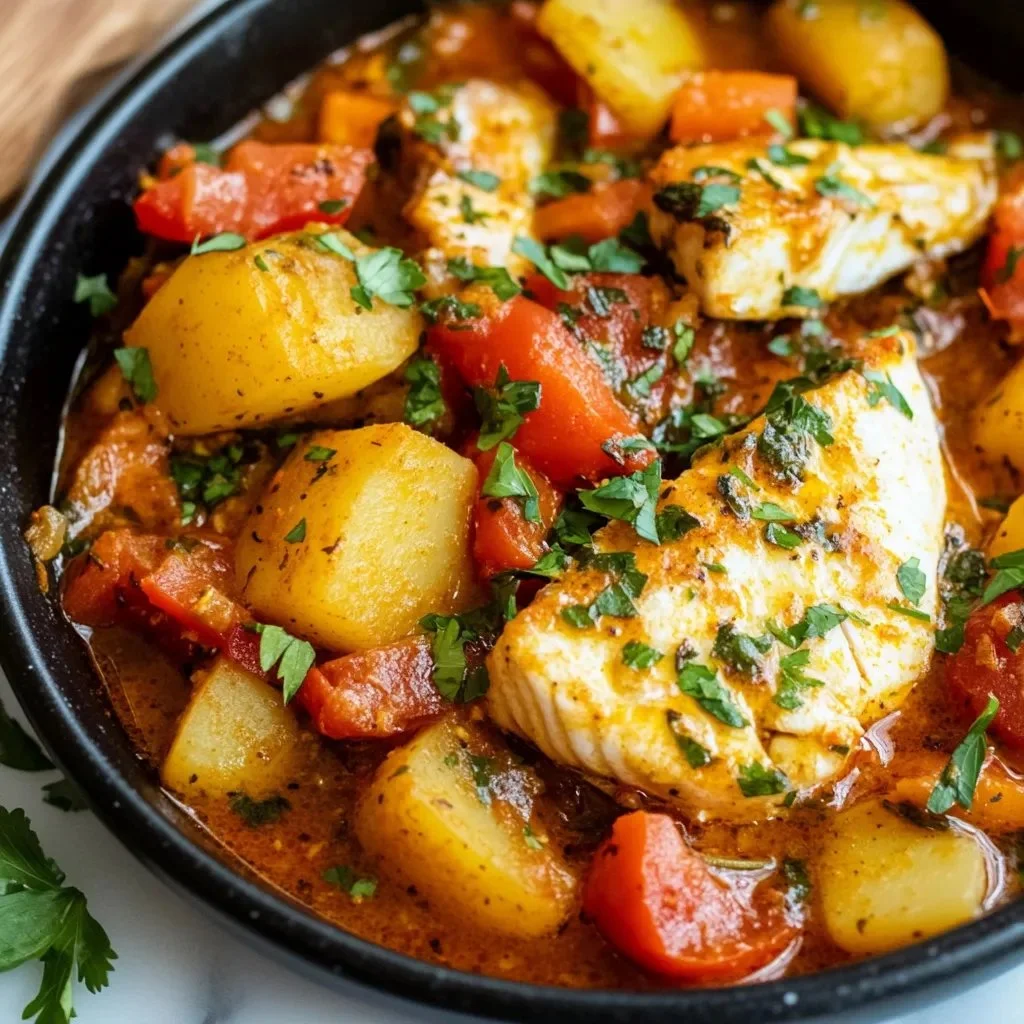 Delicious Moroccan fish tagine served in a traditional tagine pot with spices.