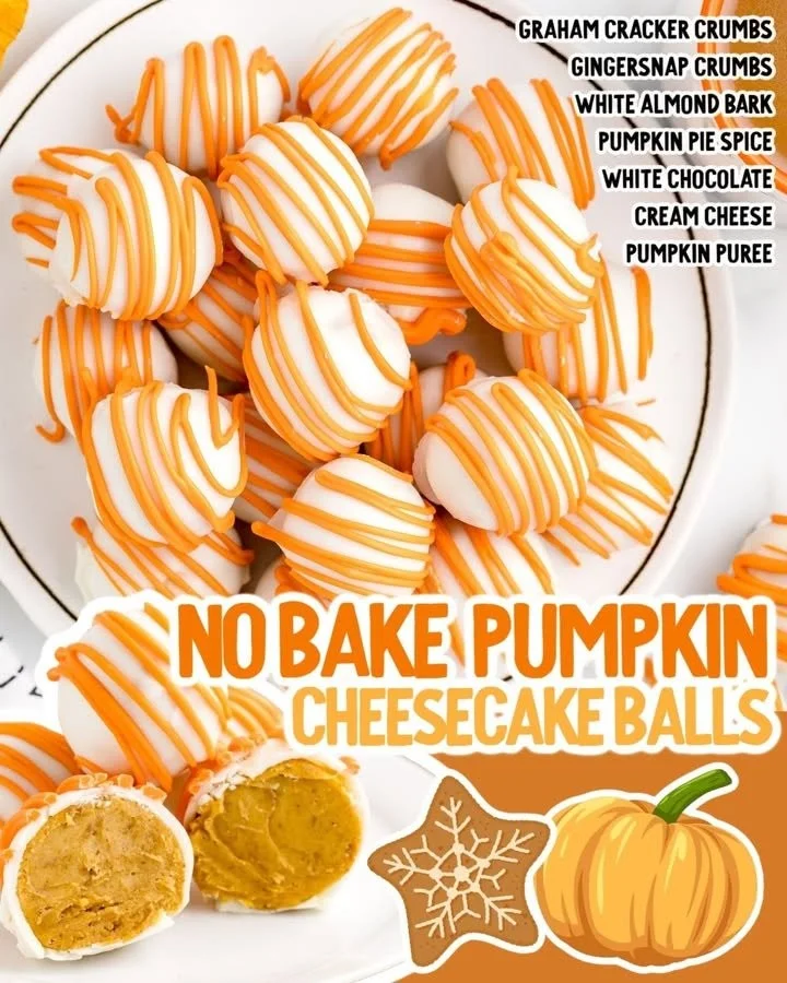 No Bake Pumpkin Cheesecake Balls arranged on a plate, topped with whipped cream.