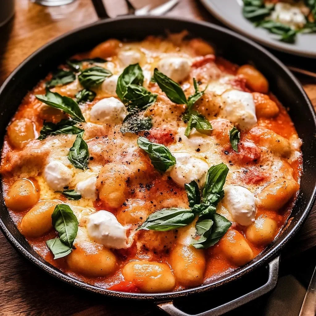 One-Skillet creamy tomato gnocchi topped with burrata cheese in a delicious sauce