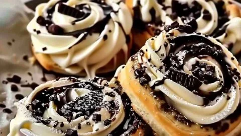 Delicious Oreo Cinnamon Roll Delight dessert with creamy frosting on top.