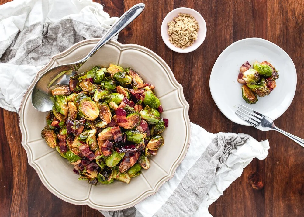 Oven roasted Brussels sprouts with brown sugar bacon for a delicious side dish