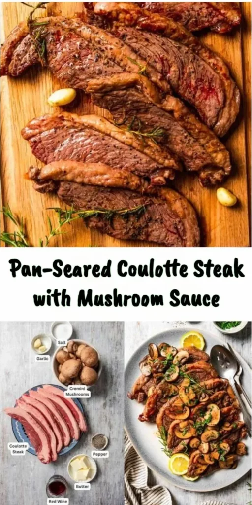 Pan-seared coulotte steak with delicious mushroom sauce served on a plate