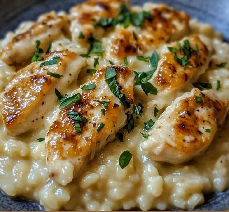 Creamy Parmesan Chicken Alfredo Risotto served in a bowl with herbs on top.