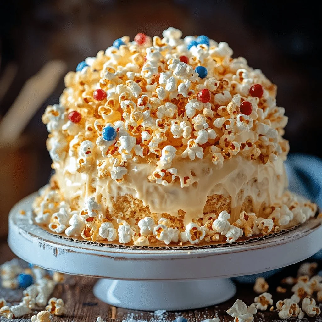 A colorful Patriotic Popcorn Cake decorated in red, white, and blue for celebrations.