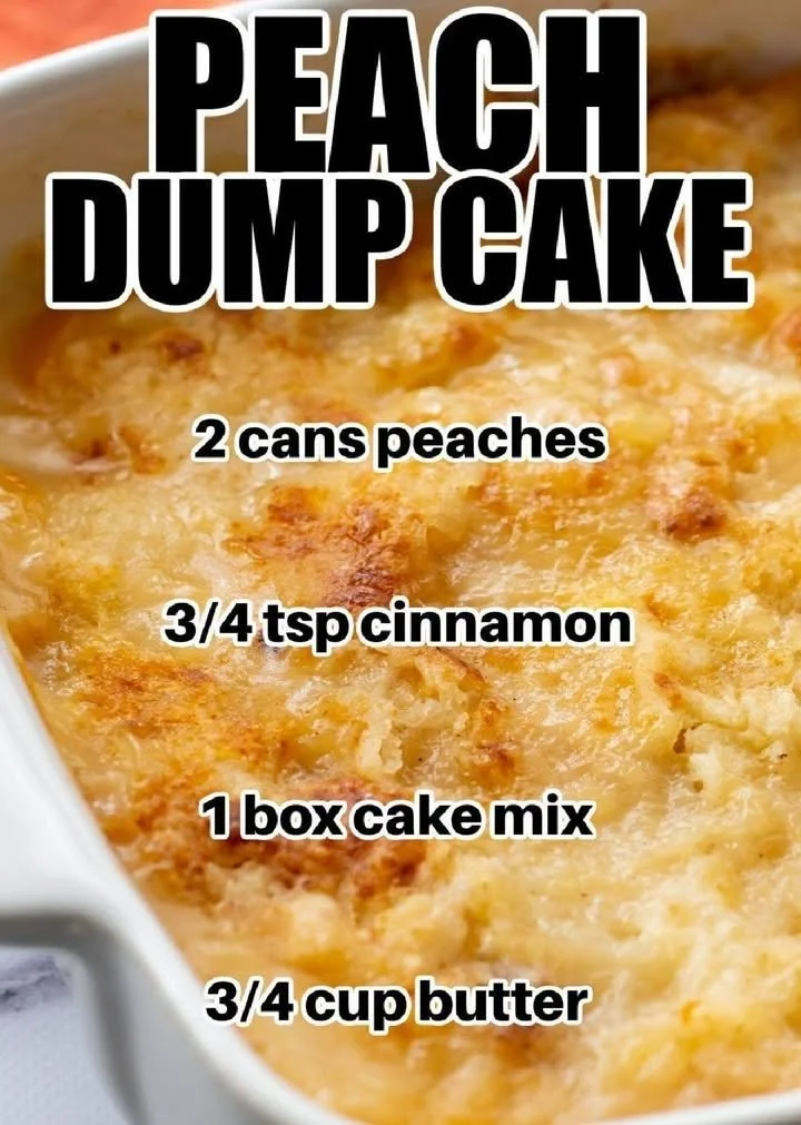 Delicious Peach Dump Cake topped with fresh peaches and a golden crust.