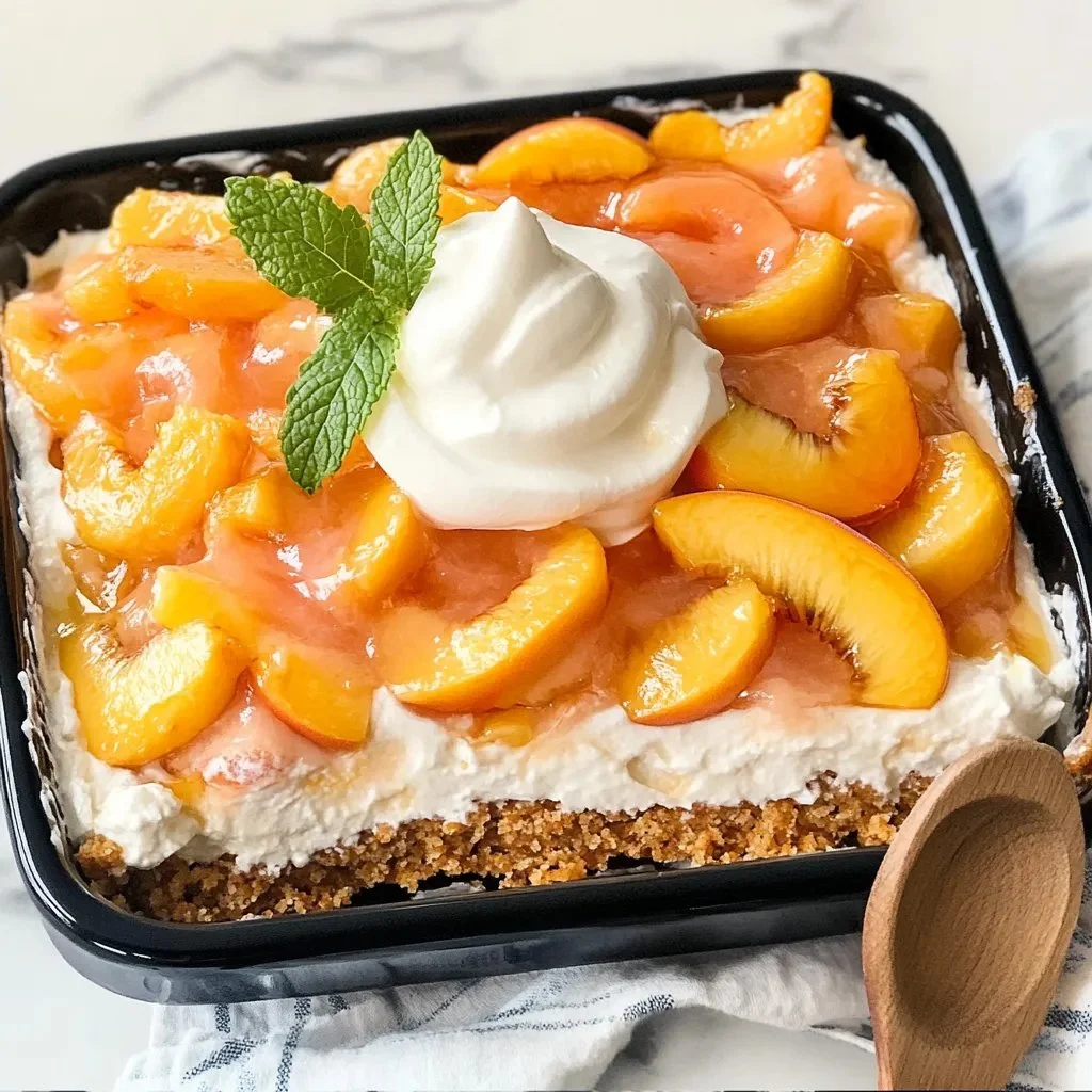 Delicious Peach Pretzel Salad with fresh peaches and a crunchy pretzel crust