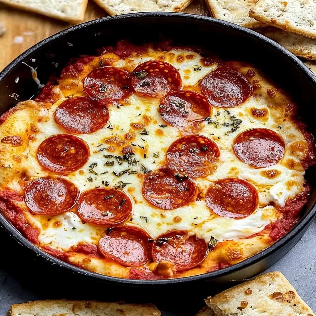 Delicious Pepperoni and Cream Cheese Pizza Dip served warm in a bowl