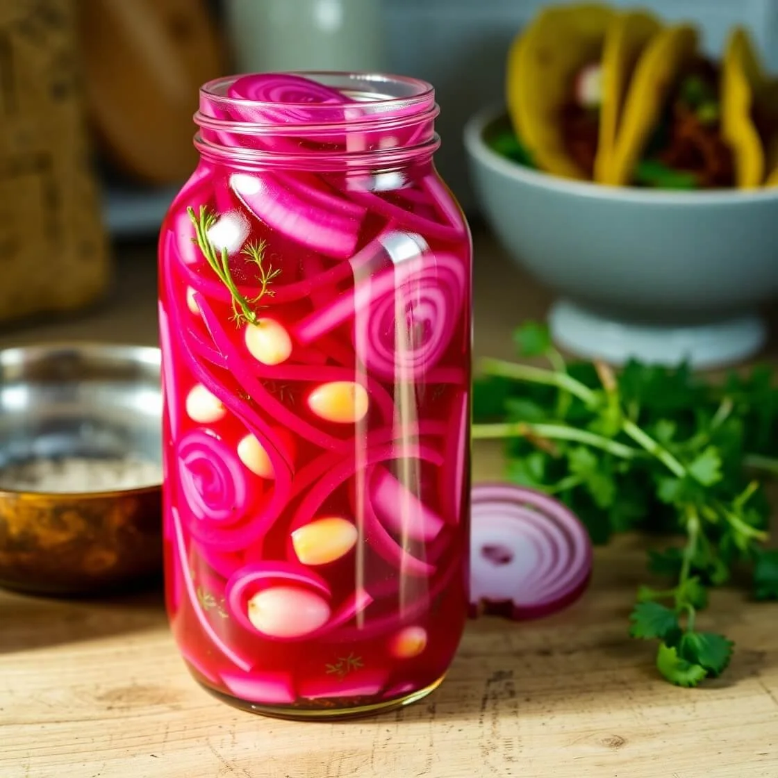 Jar of pickled red onions with fresh onions and herbs beside it