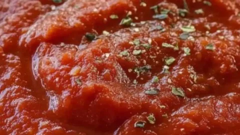 Homemade Pizza Hut pizza sauce recipe ingredients and finished product.