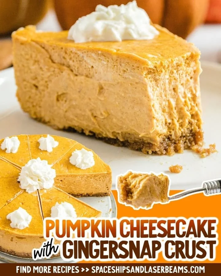Slice of pumpkin cheesecake with gingersnap crust on a plate