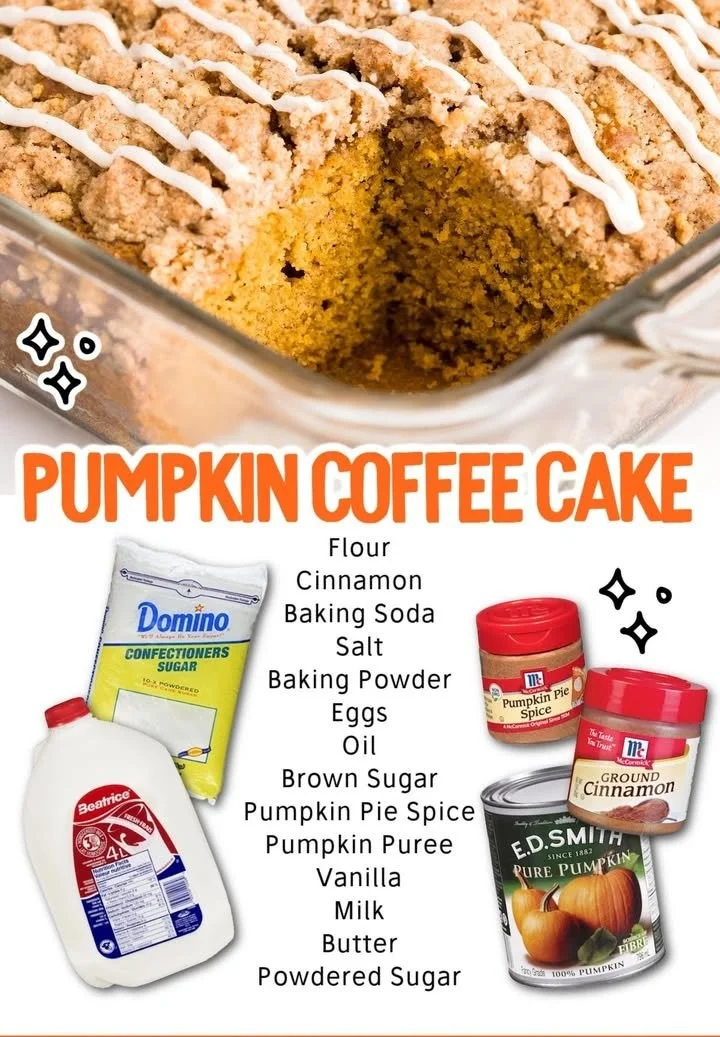 Delicious Pumpkin Coffee Cake served with a cup of coffee on a wooden table