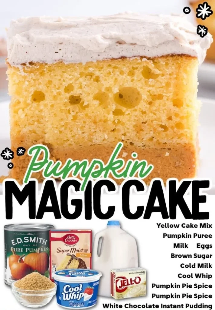 Slice of delicious Pumpkin Magic Cake with spices and creamy frosting