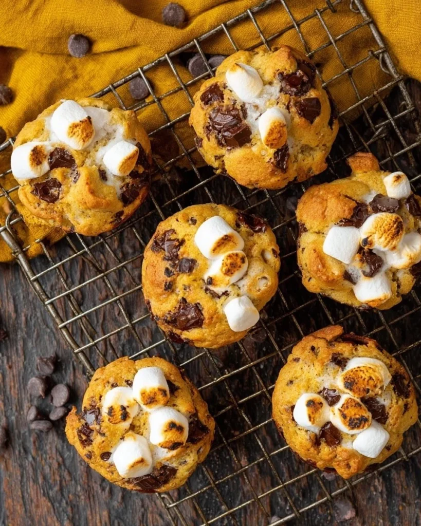 Delicious pumpkin S'mores cookies with melted chocolate and marshmallows.