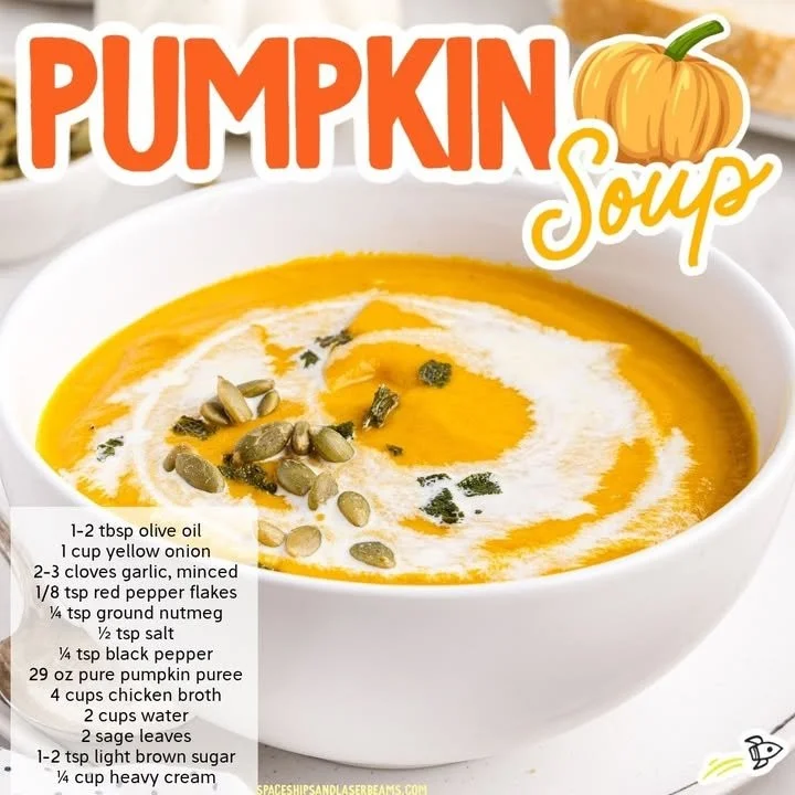 Delicious homemade pumpkin soup in a bowl topped with herbs and cream