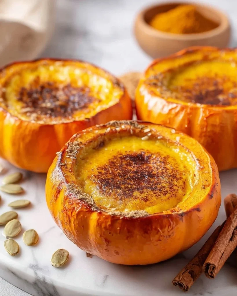 Delicious Pumpkin Spice Crème Brûlées dessert with caramelized sugar topping