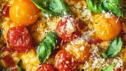 Creamy tomato risotto served in a bowl with fresh herbs on top