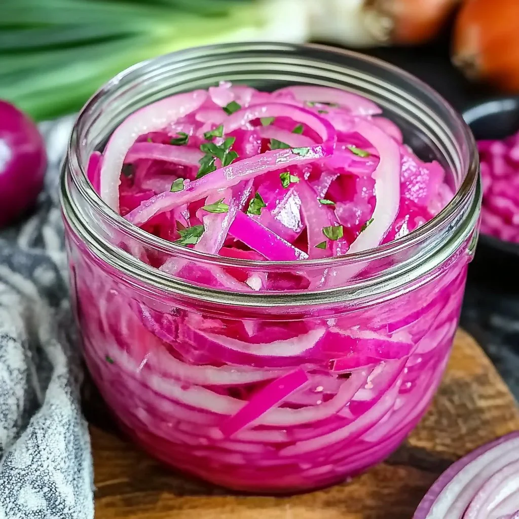 Quick and easy pickled red onions in a jar on a kitchen counter
