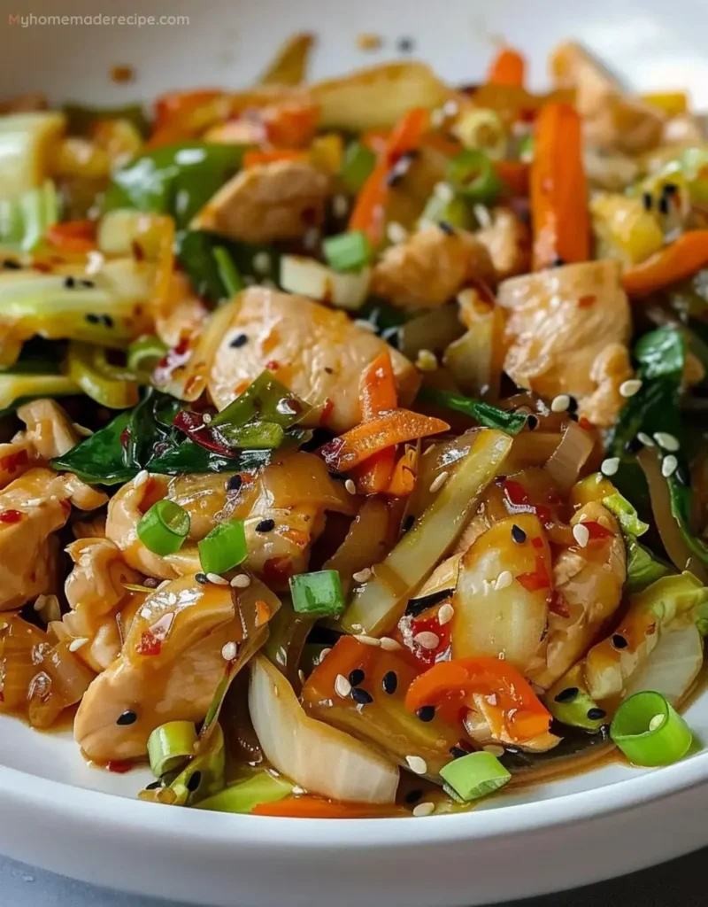 Quick chicken cabbage stir-fry with colorful vegetables in a creamy sauce