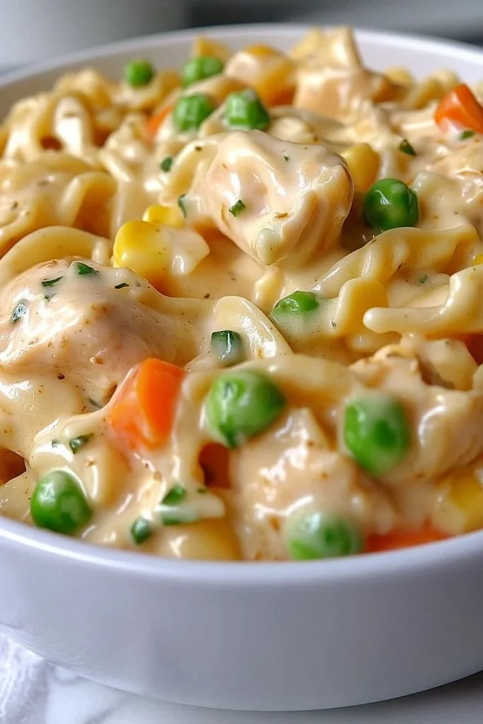 Delicious quick chicken pot pie pasta dish with creamy sauce and chicken.