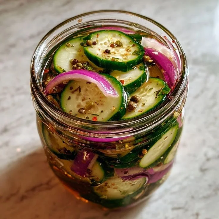 Quick-pickled cucumbers and onions served in a jar.