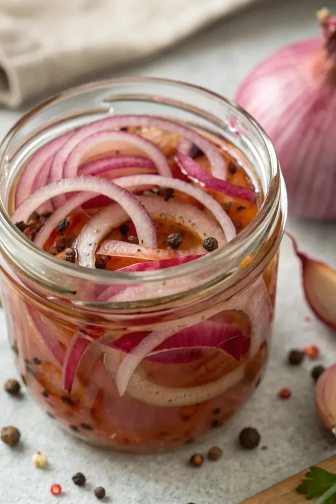 Quick pickled red onions in a mason jar, ready to enhance meals.