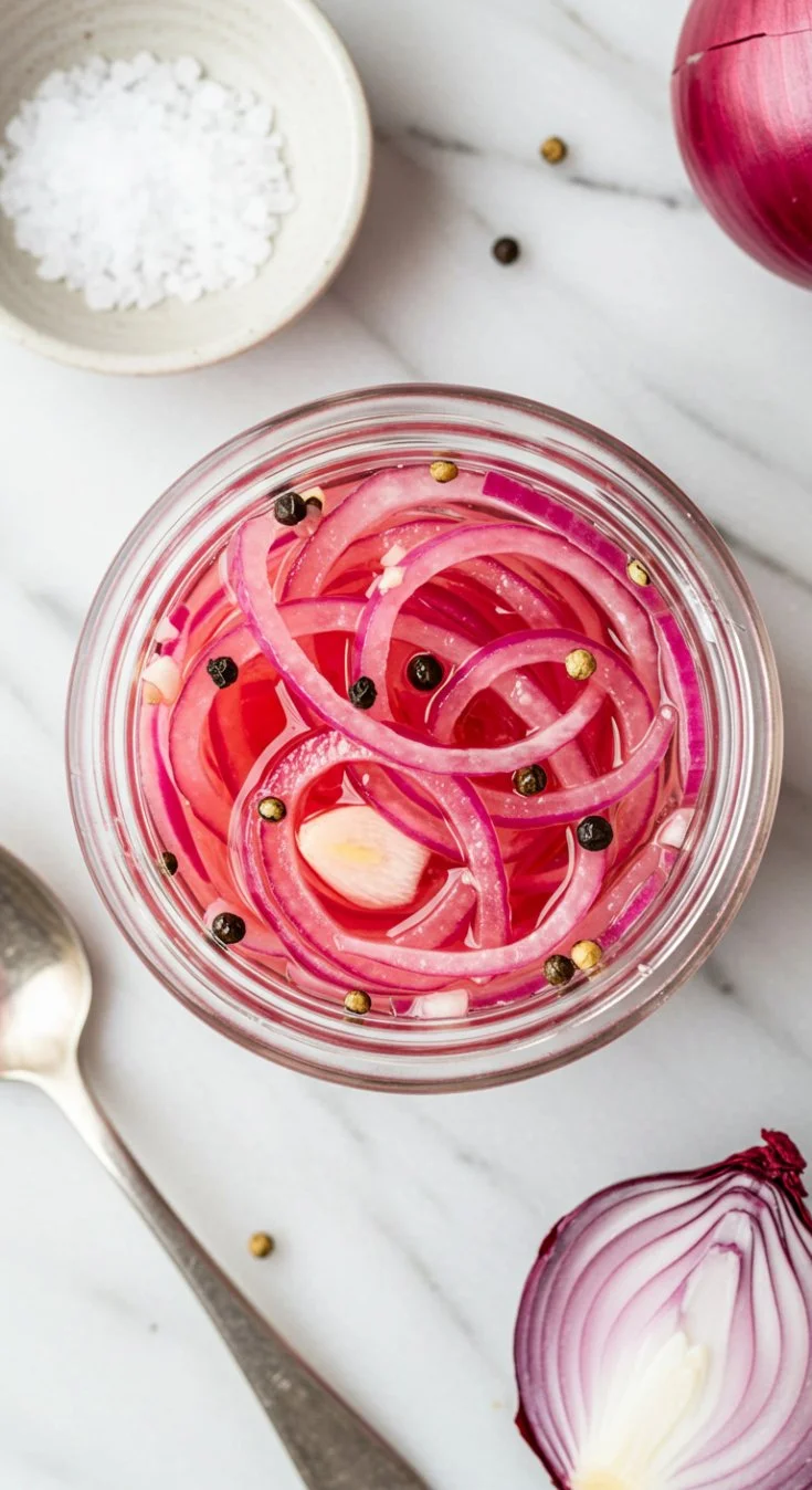 Quick pickled red onions in a jar, ready to enhance any meal.