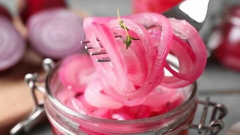 Quick pickled red onions recipe in a jar