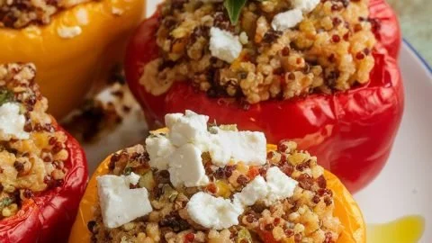 Delicious quinoa stuffed bell peppers filled with colorful vegetables and spices